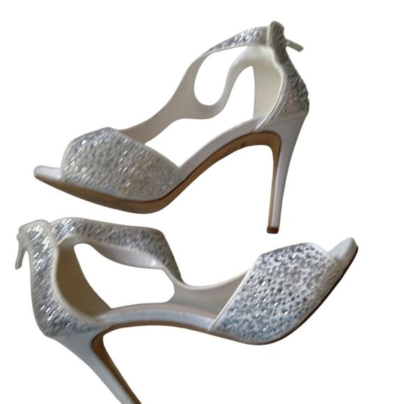David's Bridal Women's Size 8 Nelia White Beaded Bling Zip Back Open Toe Sandals - Picture 6 of 7